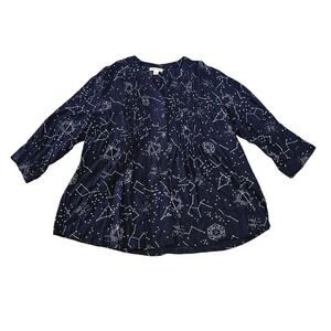 Coldwater Creek Womens 3X Navy Blue Celestial Constellation Pintuck Blouse Top